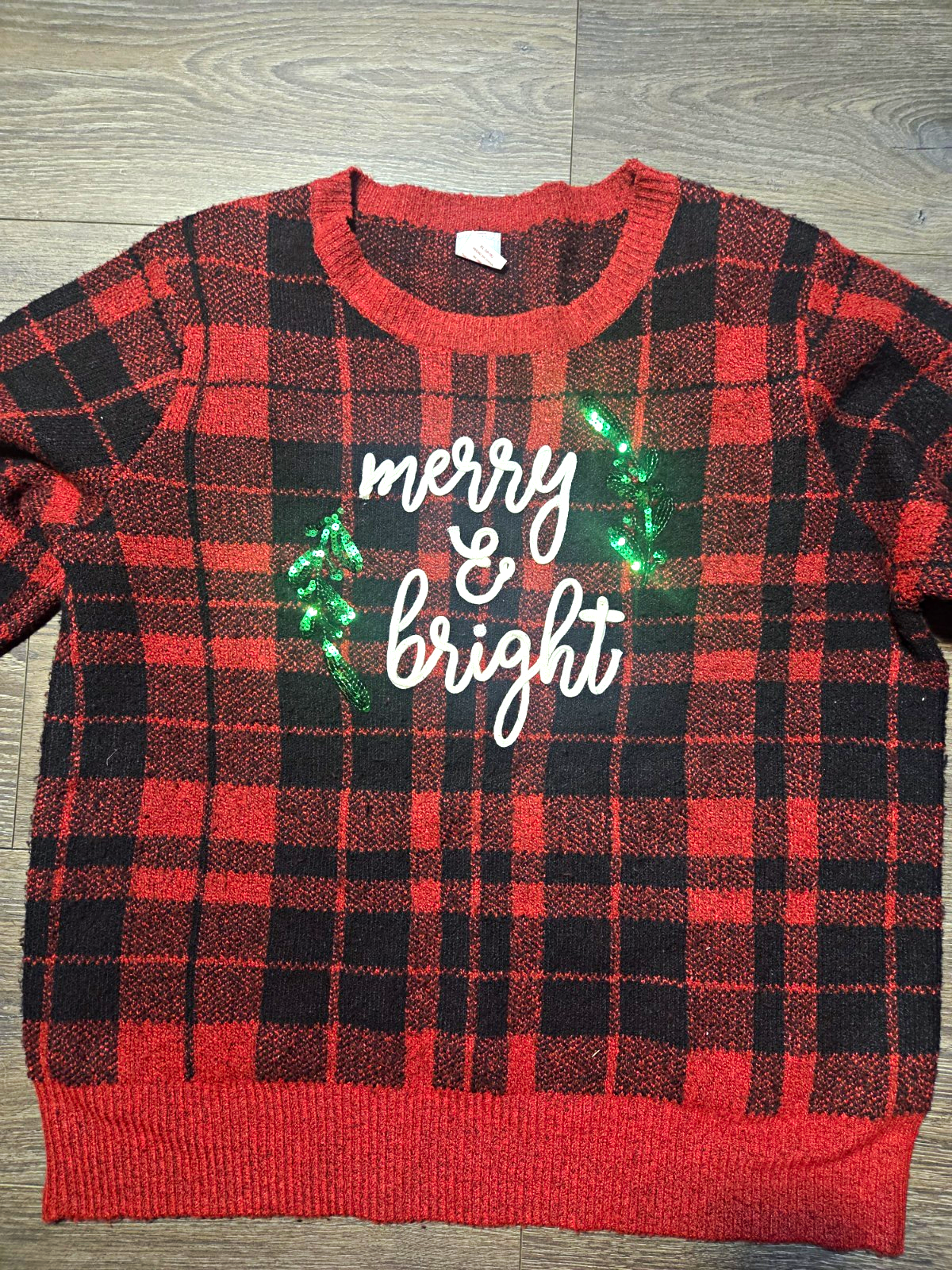 Holiday Time Red & Black Plaid Sequin Crewneck Long Sleeve Pullover Sweater XL