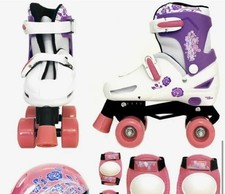 Girls Pink White Quad Skates Padded Kids Roller Boots Safety Pads Helmet Set New
