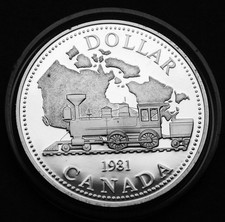 1981 silver proof $1 celebrating the trans Canada railroad