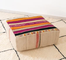 24x24 Moroccan Handmade Pouf Berber Kilim Rug Multicolor Floor Cushion Footstool