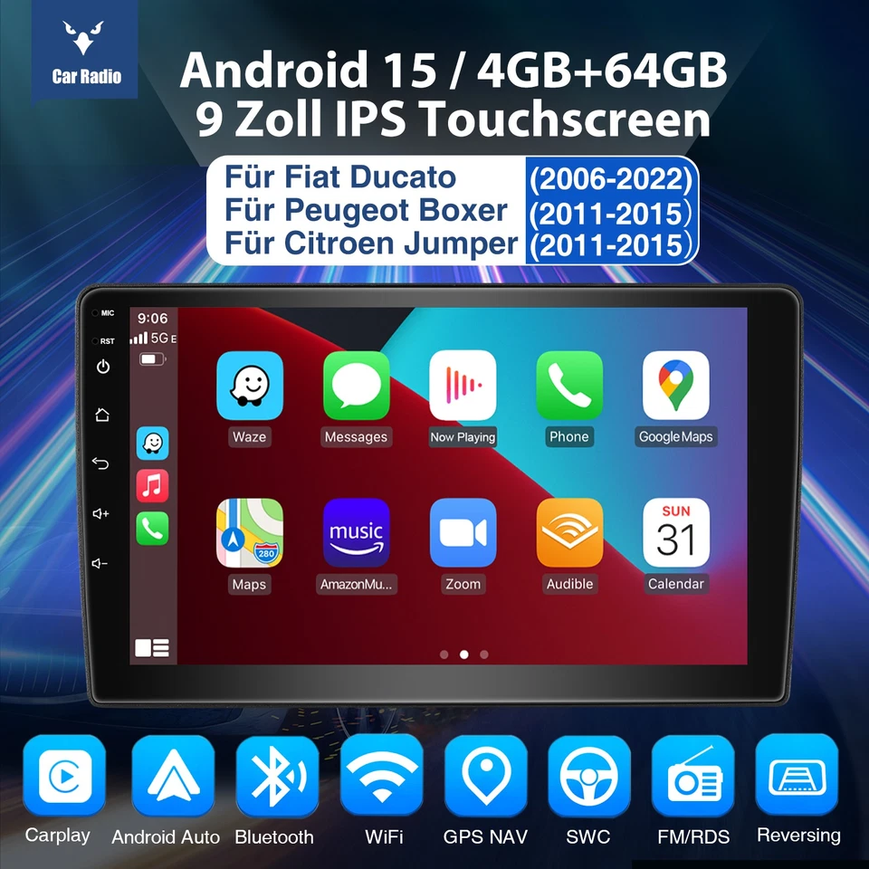 Für Fiat Ducato 2006-2023 4+64G Android 15 Autoradio Navi Apple CarPlay GPS WIFI - Bild 3 von 4