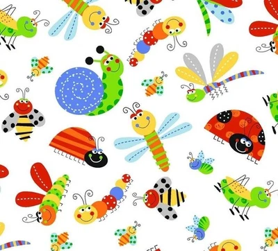 OASIS By The Yard, Bugs On White Cotton FLANNEL, $3.99 Ships ANY Amount Of Fabric!