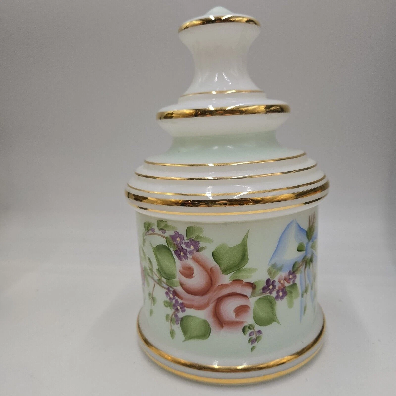Vintage White Milk Glass Apothecary Jar Lid Hand Painted Pink Green Floral