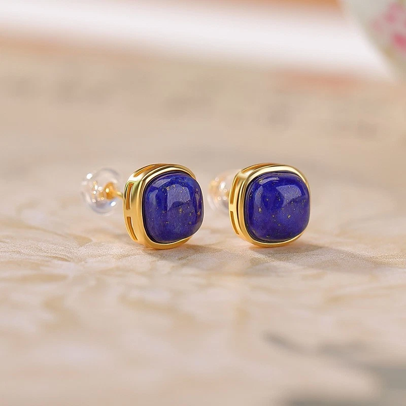 N02 Orecchini Quadrato Blu Lapislazzuli Placcato Oro Argento 925 Orecchini - Immagine 2 di 4