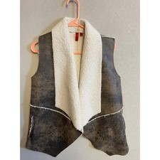 Womens Brown Faux Shearling Distressed Vest Shawl Collar Open Front Small