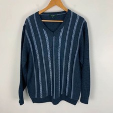 Vintage Wolsey Jumper Mens Medium Blue Striped V-Neck Retro 90s Dadcore Pullover