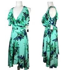 HALSTON Blue & Mint Green Floral Wrap Spring Dress Shoulder Cut Out Size XS NWT