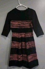 Tahari  Dress Black Brown Striped Stretch Knit Fit Flare 3/4 Sleeve