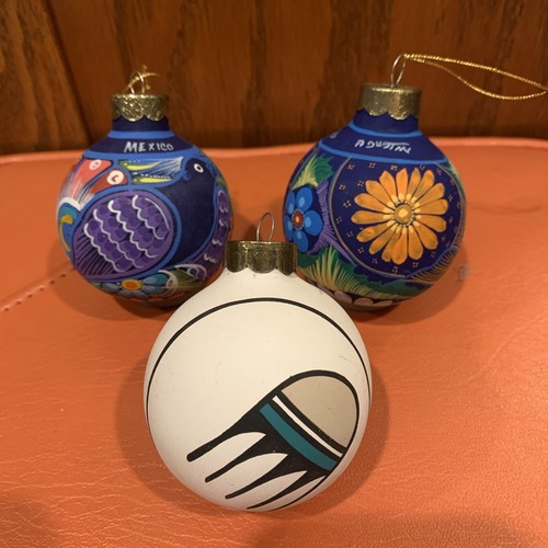 3 Terra Cotta Christmas Ornaments Mexico, Native American, Hand Painted Floral - Picture 3 of 12