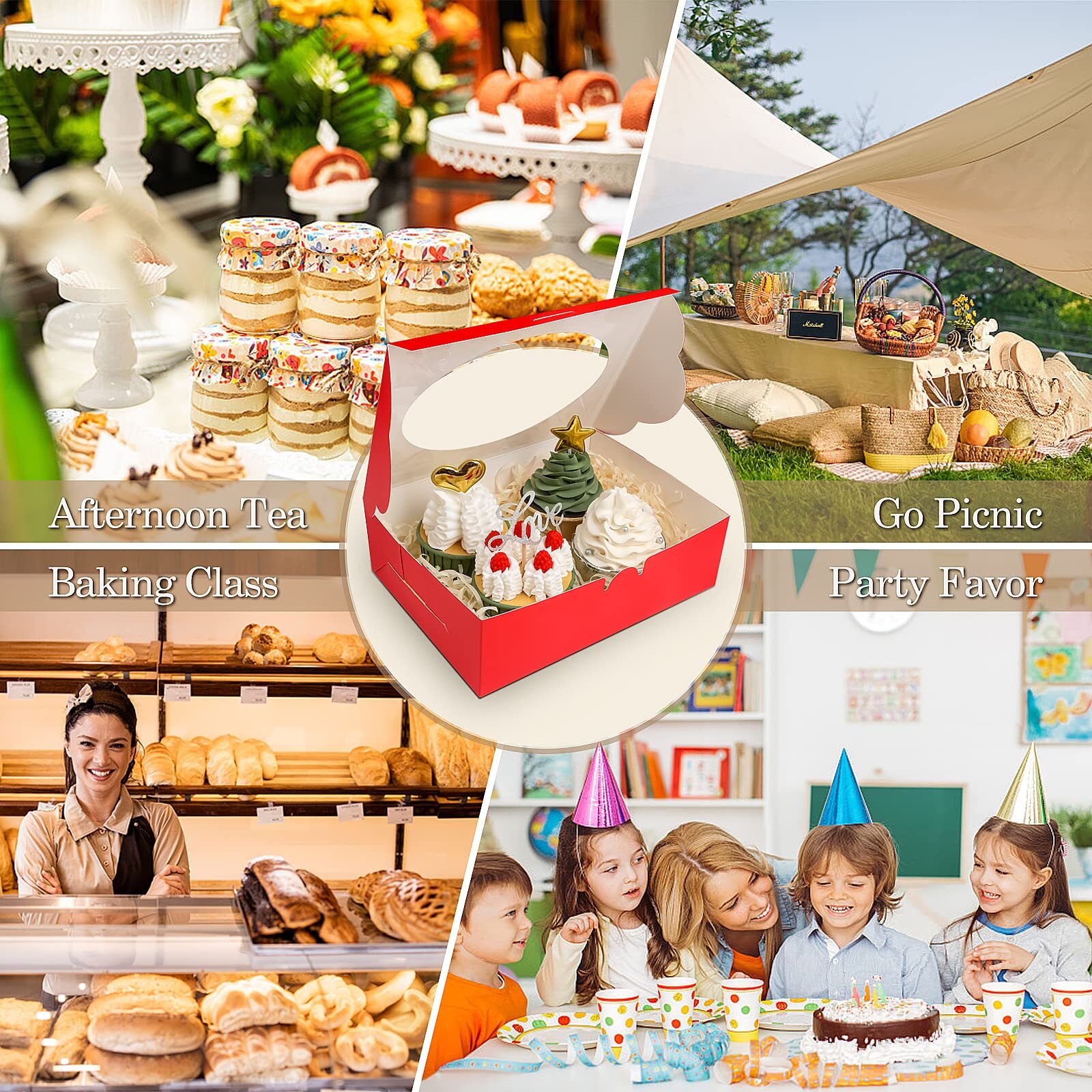 65-PCS Red Cookie Boxes with Window 8x6x2.5-inch Bakery Pastry Gift Box