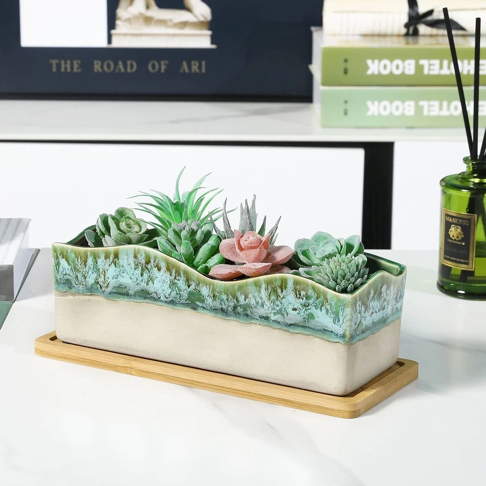MyGift Green Beige Glazed Ceramic Succulent Planter with Removable Bamboo Tray - Image 2 of 4