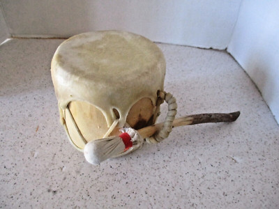 VINTAGE HANDCRAFTED NATIVE AMERICAN DRUM, WOOD & RAWHIDE,  5'' HIGH X 5'' DIA., VG