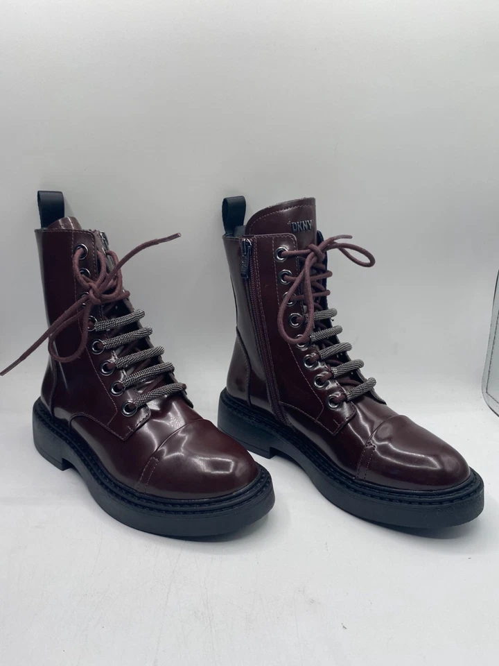 Botines de combate DKNY para mujer Burdeos Malaya con cordones punta almendra nuevos en caja Foto 3 de 4