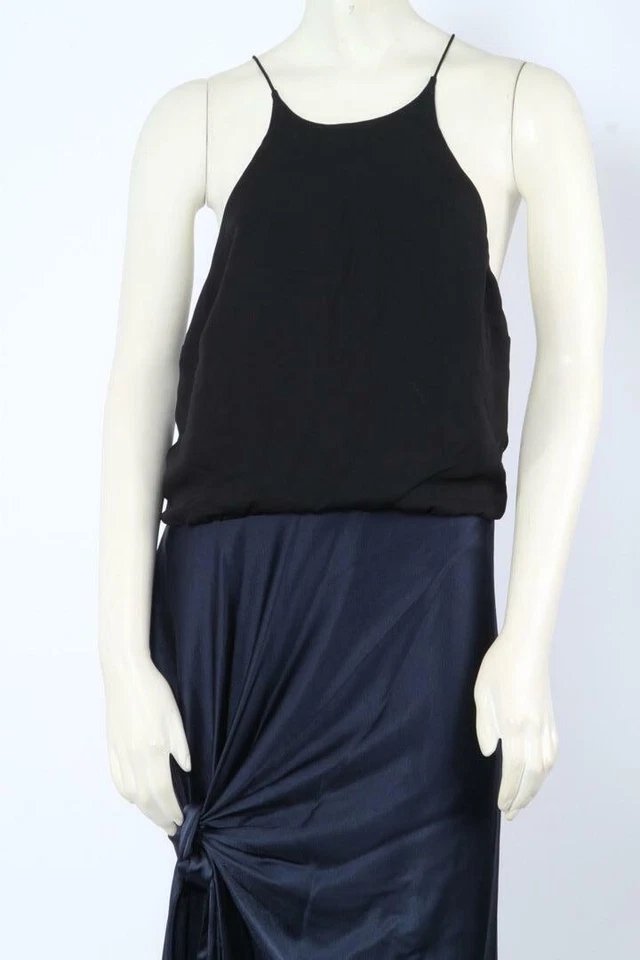 Maxi Vestido Halter HALSTON Heritage Negro Azul Marino Satinado Talla 6 Foto 4 de 4