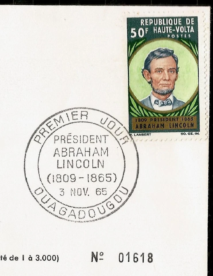 Abraham Lincoln 16º Presidente de EE. UU. Primer Día Cubierta 1965 Alto Volta Burkina Faso Foto 2 de 3