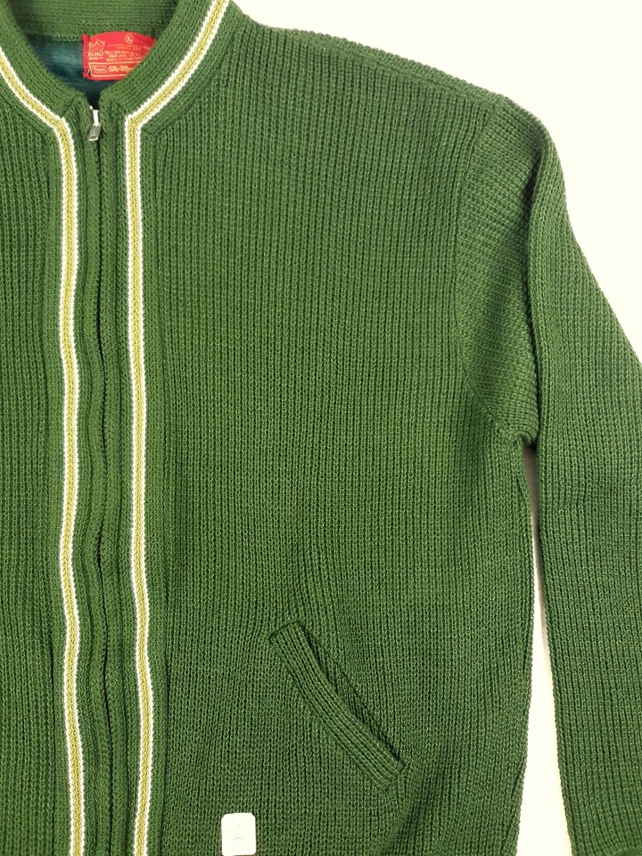 Vintage SEARS OLIVE GREEN 70s ZIPPER SWEATER Jacket Kurt Cobain Cardigan shirt L - Image 3 of 4