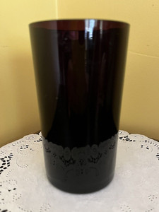 Hand-blown Drinking Glass 8 oz Tumbler Deep Purple, Plum has Vertical lines