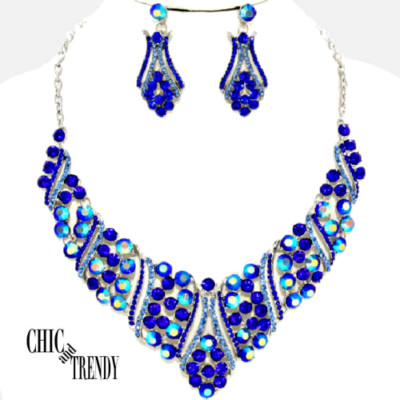 HIGH END BLUE AB CHUNKY GLASS CRYSTAL PROM WEDDING FORMAL  NECKLACE JEWELRY SET