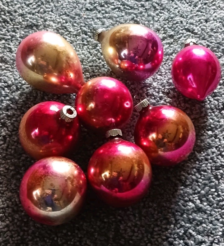 8 Shiny Brite Ornaments of Varying Shapes