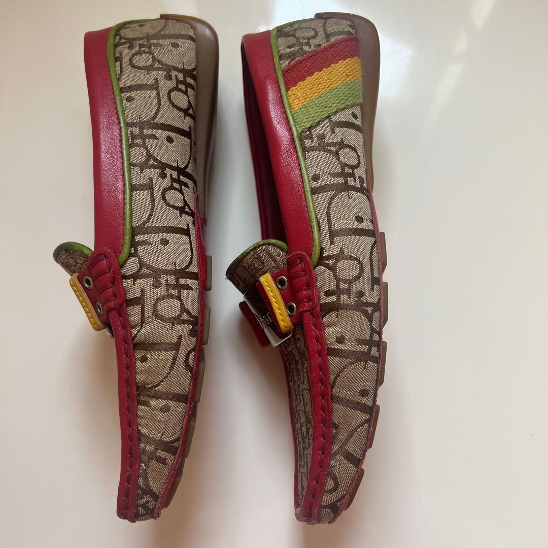 Dior Loafers Red Beige Canvas Leather Size 23cm with Metal Buckle thumbnail 8