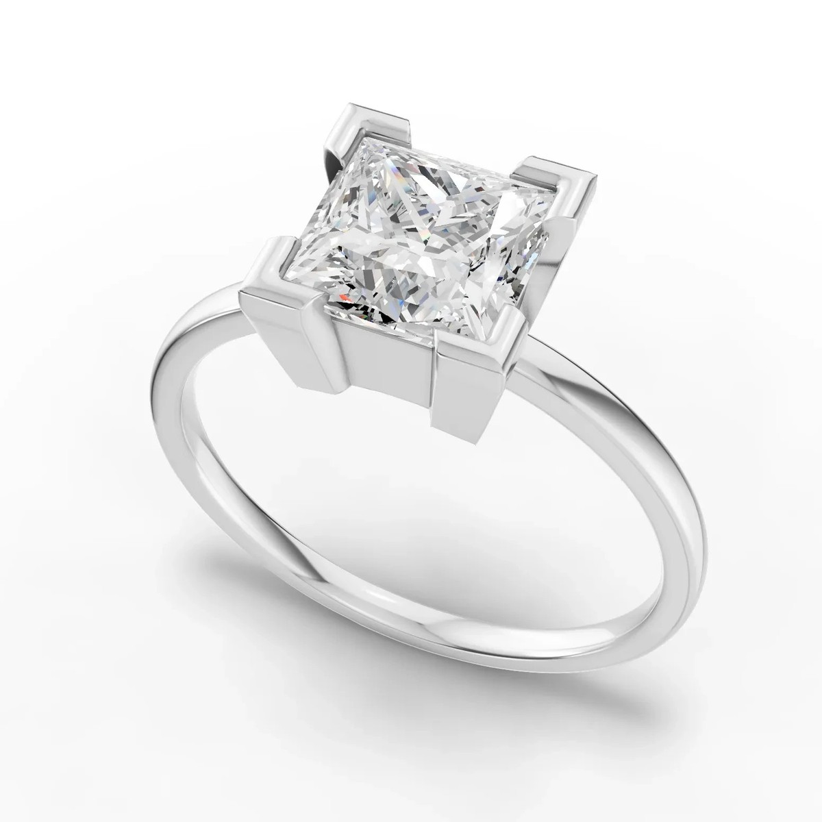 1.50 CT Princess Solitaire Bezal Set Lab Grown Diamond Ring 18k White Gold View 2