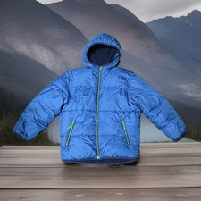 Kids Puffer Jacket OLD NAVY Size 8 S Blue Fleece Lined With Pockets And Hood