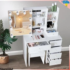 Vanity Table Set Makeup Dressing Desk with Stool 10 LED Lights Sliding Mirror