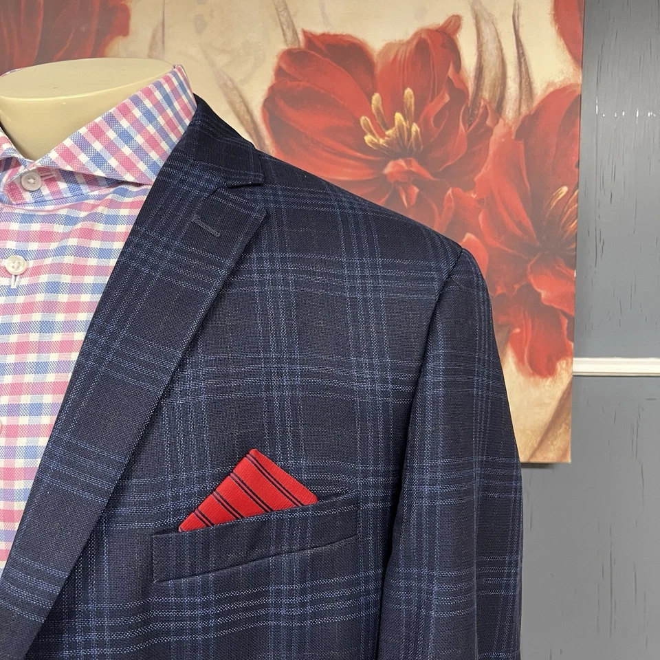 Jos A Bank Blazer Jacket Sport Coat Mens 50L Long Tailored Fit Wool Navy Plaid - Image 4 of 4