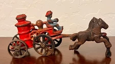 VTG Cast Iron Fire Pumper & Fireman w/Two Horse Drawn Wagon