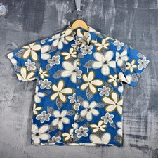 Authentic Vintage Hawaiian Shirt, Local Motion Brand, Size M, Blue White Flowers