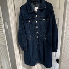 CHIC DENIM Women's XXS Blue Denim Shirt Dress Collared Long Sleeve Pockets