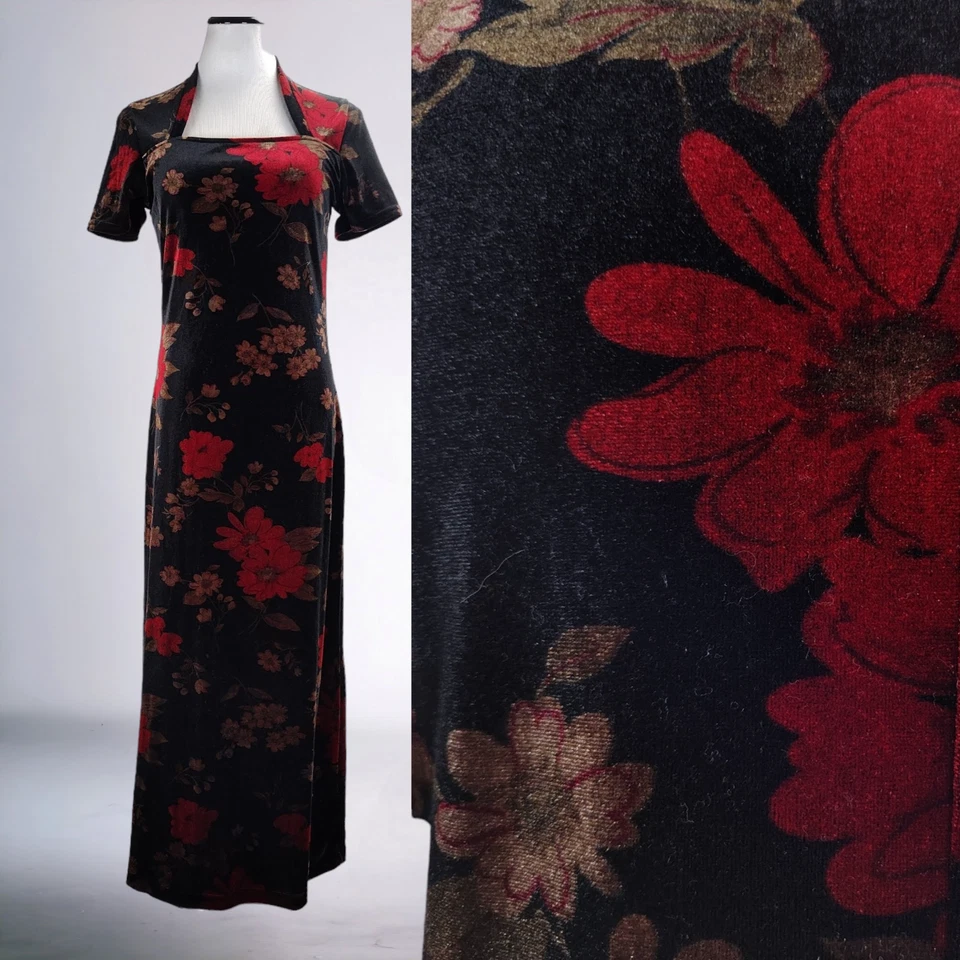 Vintage 90s Black Velvet Grunge Dress S Square Neck Stretch Short Sleeve Goth - Image 2 of 4