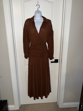 Maeve Anthropologie Midi Dress Medium Rust Tencel Wool Ruched Wrap Long Sleeve