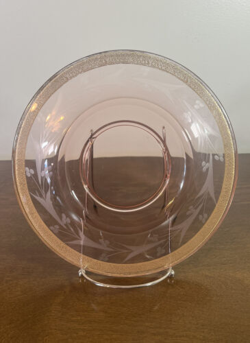 Pink Depression Glass Mayonnaise Bowl & Floral Etched Gold Encrusted Under Plate - Picture 3 of 10