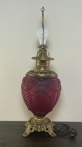 Antique Ruby Red Satin Glass Parlor Converted Oil Lamp Gone With The Wind Base - Picture 4 of 20
