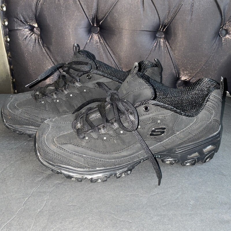 Skechers D'Lites Women's Play-Off Black Lace-up Leather Sneakers Size 10