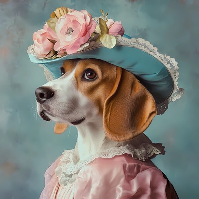 Beagle im zarten Outfit im Vintage-Stil mit zartrosa Bluse und weitem B