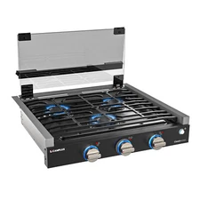 CAMPLUX 21" RV Gas Cooktop 3-Burner LED Knob w/Foldable Glass Cover Camper Stove