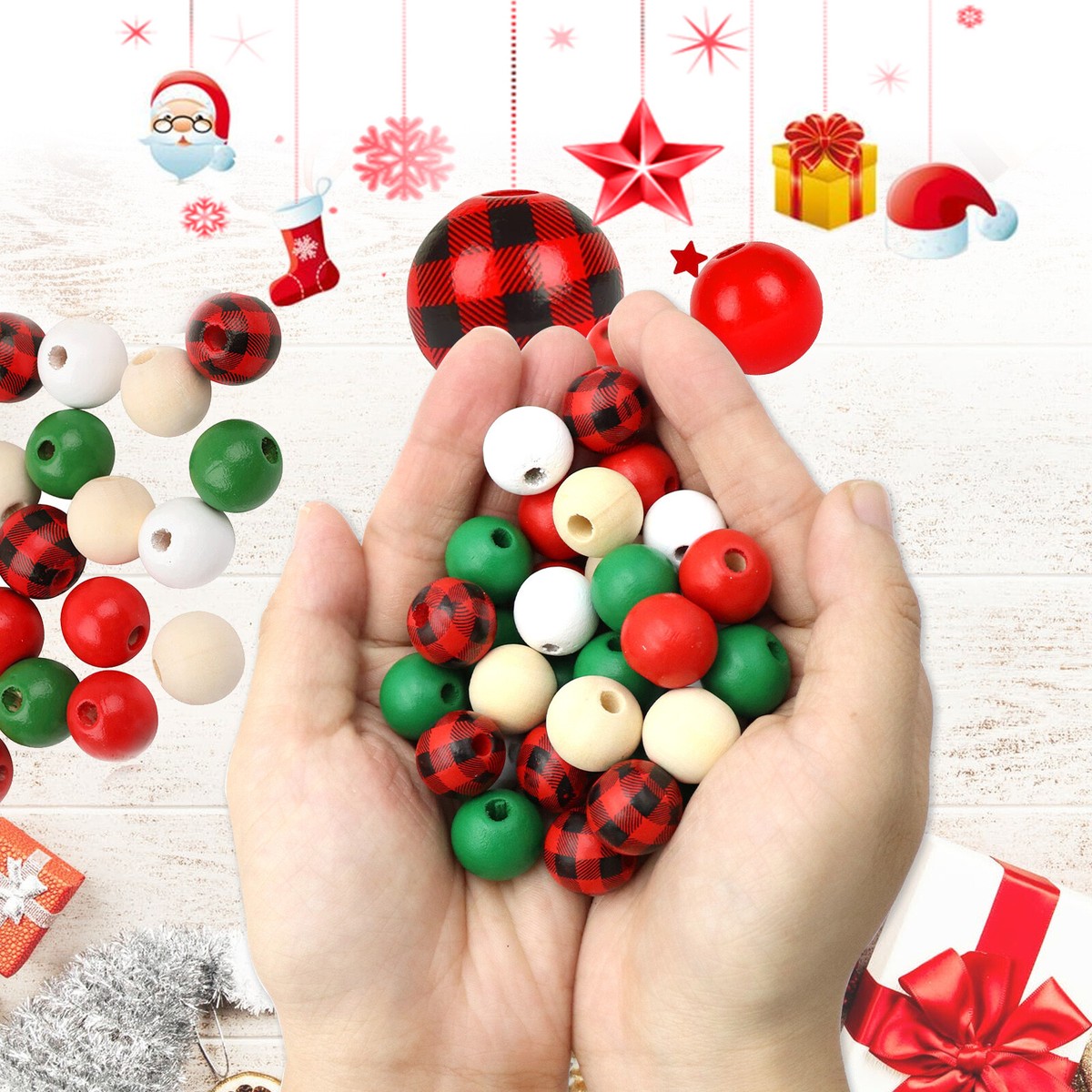 200 Pcs Christmas Wooden Beads - Buffalo Plaid & Solid Colors For DIY Crafts, Garland, Decor - View #8