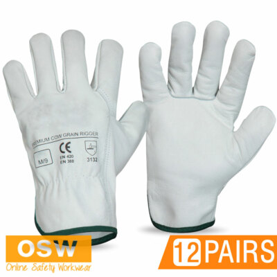 12 x BN Natural Cow Grain Leather Work Gloves - Truckers/Truck/Outdoor/Riggers