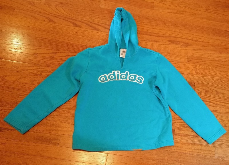 ADIDAS Logo Hoodie Sweatshirt Unisex Youth Size M(12) Teal W/White Lettering EUC