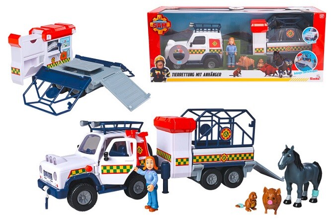 Simba Fireman Sam Animal Rescue Trailer Set - With Vehicle, Light, Figure & Animals - 34 Cm, Age 3+