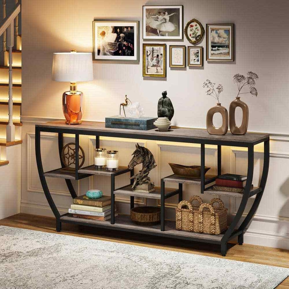 Benjamin 71 in. Gray Rectangle Wood Console Table with 3Tier Storage