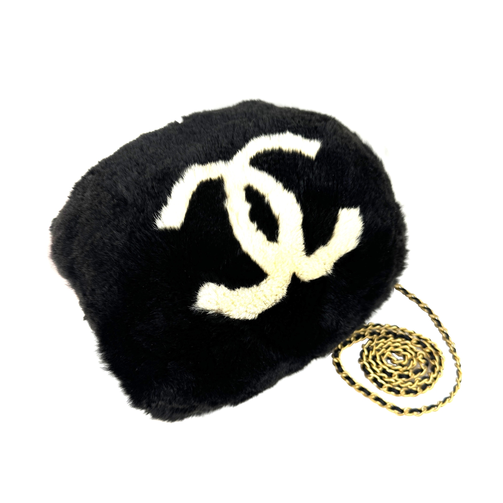 Chanel Lapin Rabbit Fur Chain Shoulder Bag Black White Arm Warmer A17714
