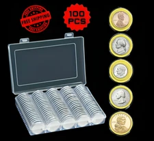 100 PCS 30MM Clear Round Coin Capsules Plastic Coin Holders &Yellow Gaskets &Box