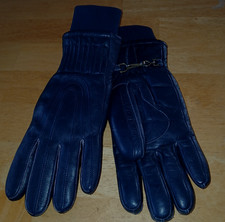 VTG ARIS HEAVY LEATHER NAVY LADIES GLOVES W/RIBBED CUFF-DOWN FILL-WORN ONCE-NICE