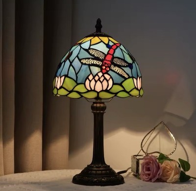 Tiffany Style Dragonfly Stained Glass Table Lamp Vintage Bedside Decor Light