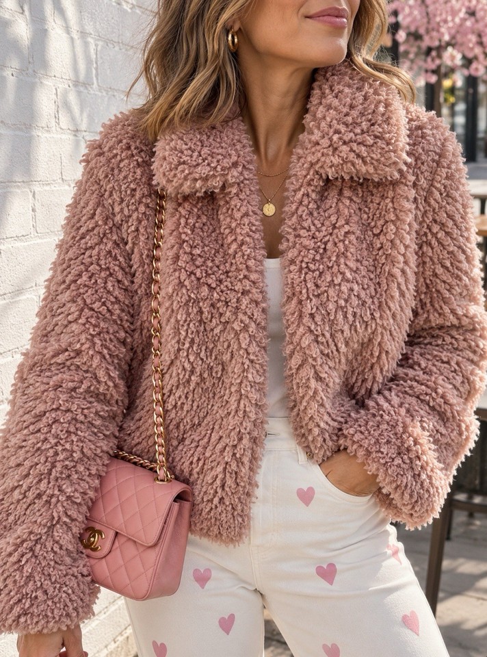 DECJUBA-S/M (10-12) DUSTY PINK FAUX FUR TEDDY FLUFFY JACKET 