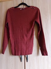 Tu Size 12 Dark Red Marl Fine Knit Boat Neck Rib Jumper Long Sleeves Eyelets New