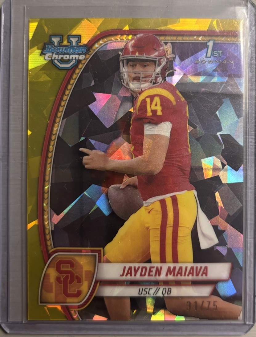 2024 Bowman Chrome U Sapphire Jayden Maiava Yellow Refractor RC Rookie #d 31/75